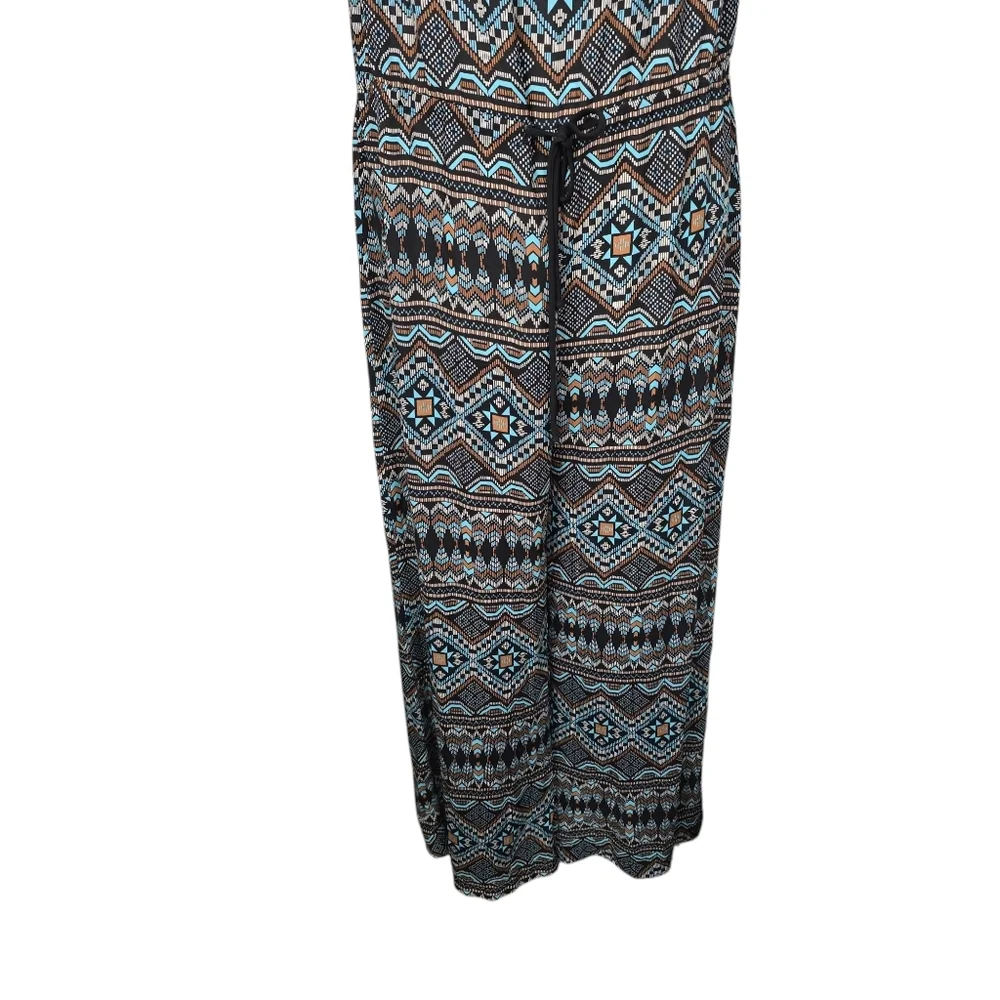 Timing Blue Brown Printed Shoulder Ties Sleeveless Jumpsuit L - Picture 2 of 9
